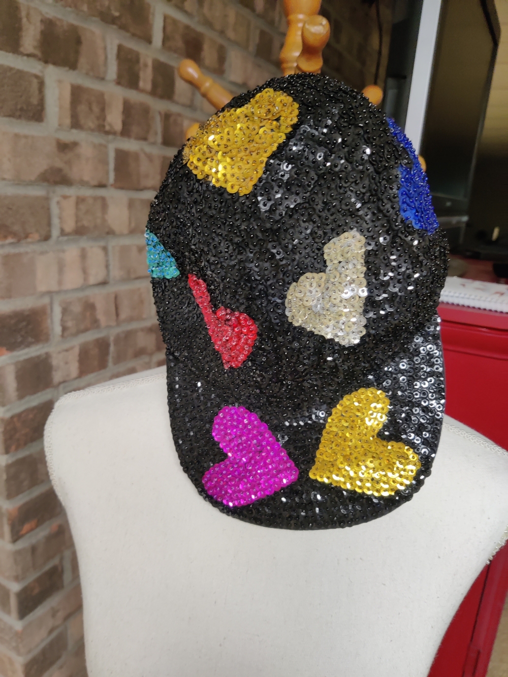 Women's Black Sequin Heart Cap with Multicolor Hearts Size Medium